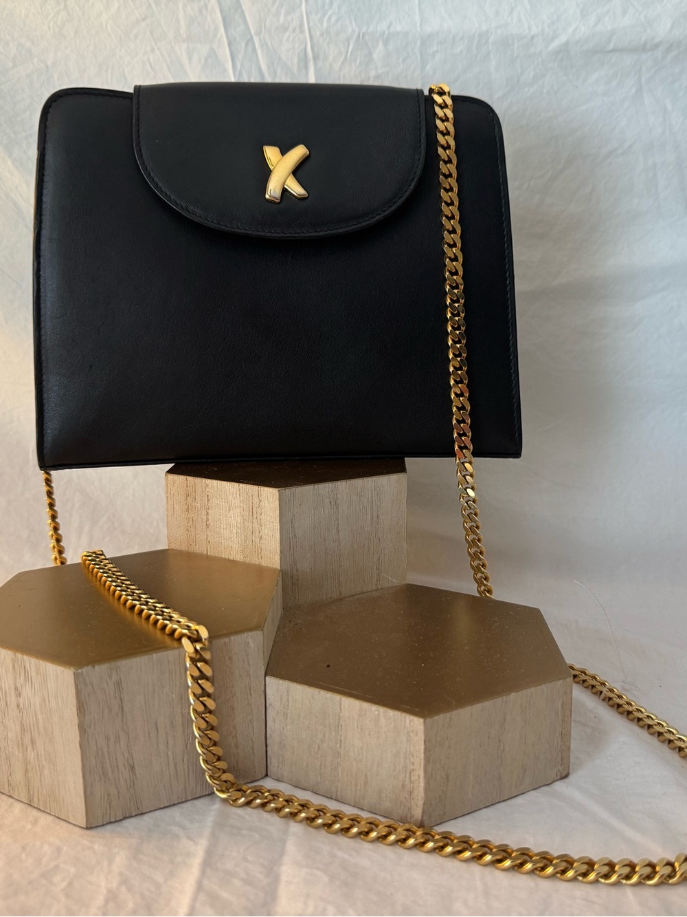 Vintage Paloma Picasso Black Leather Crossbody Bag Gold Chain Accent